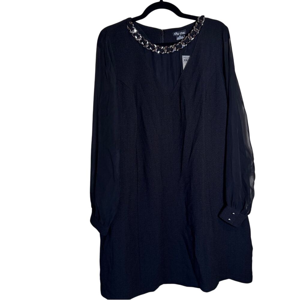 City Chic Black Long Sleeve Mini Dress Womens 14 Sheer Chain Whimsigoth Formal